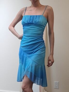 Finesse Blue Glitter Y2K Fairycore Mini Dress Whimsical Small Tulip Hem Ruffle